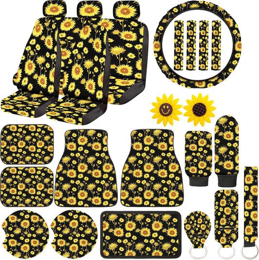 26 Pieces Sunflower Car Accessories, Sunflower Seat Covers Full Set Floor Mat Steering Wheel Cover Seat Belt Shoulder Pads Center Armrest Pad Gear Cover Handbrake Interior Car Decor